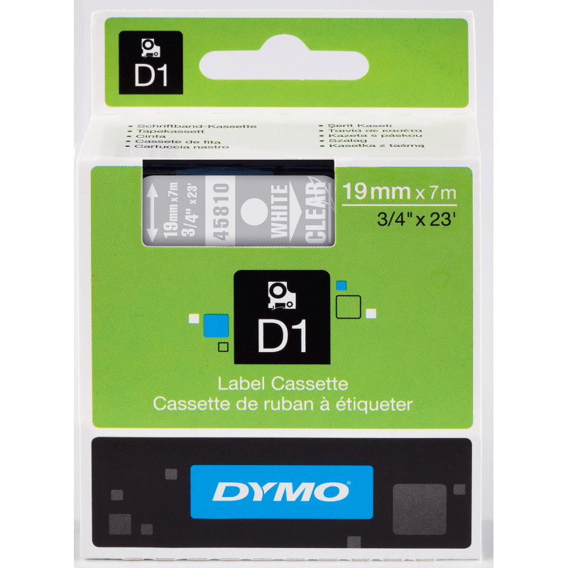 Etykiety, taśma DYMO D1 19mm - S0720900 (45810) taśma przezroczysta, nadruk biały